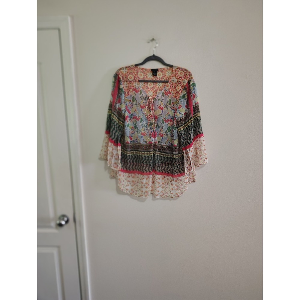 New Directions Womens 2X Blouse Mixed Floral Medallion Patchwork Bell Sleeve Top
